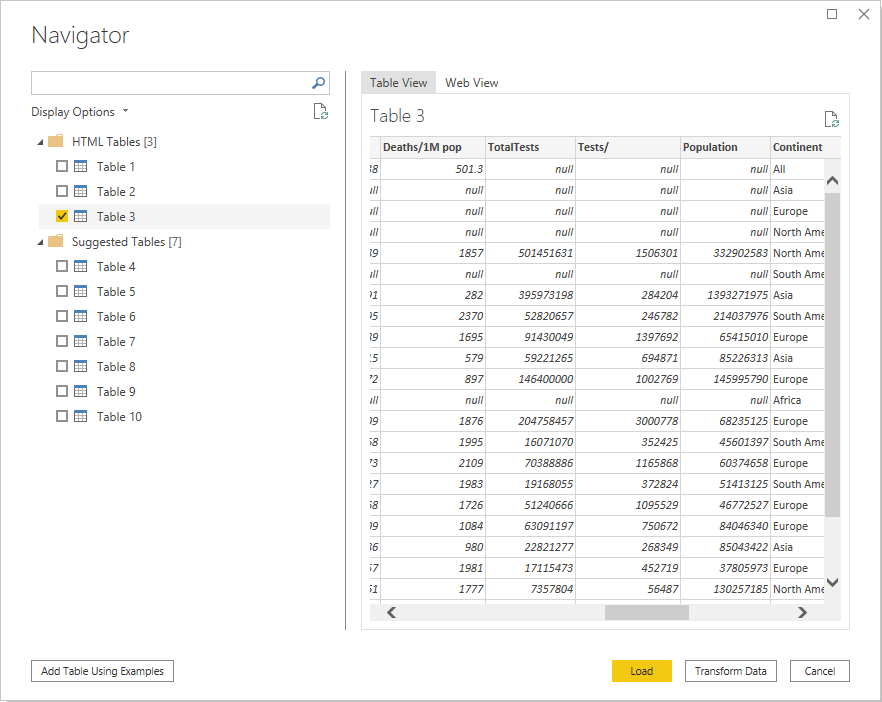 Power BI data import for Web