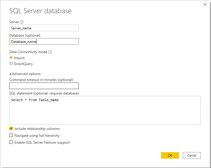 Power BI data Import SQL server